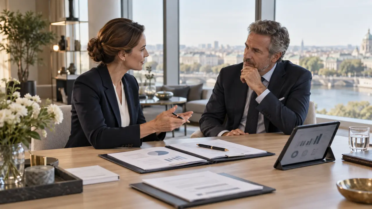 Conseiller en gestion de fortune échangeant avec un client autour de documents patrimoniaux